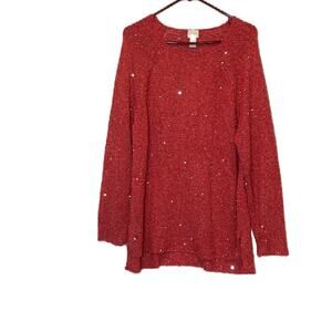 Chico’s Caliente Coral Sequin Shine Claire Pullover Crewneck Sweater Size 3 XL